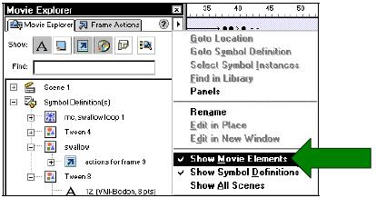 - Từ trong trình đơn bậc lên tại góc phải phía trên trong Movie Explorer, hãy chọn lệnh Show Movie Elements để hiển thị các mục trong Scene và chọn lệnh Show Symbol