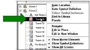 2. Chọn một lệnh tùy chọn có trong trình đơn: Lệnh Goto Location nhảy đến Layer, Scene hoặc frame được chọn trong đoạn phim.