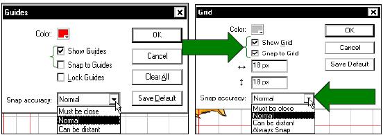 Nếu các khung lưới chưa hiển thị và lệnh Snap to Grid được chọn khi bạn tạo ra các dòng Guide. Lúc này các đường Guide sẽ bắt dính vào khung lưới.