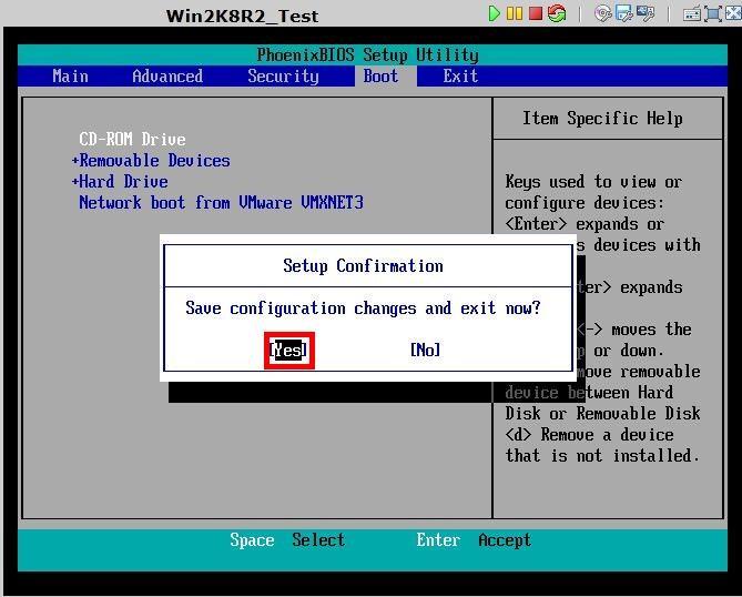 Nhấn F10 để lưu và thoát -> Yes Hình 4- Chọn Yes để lưu lại sau khi chọn 2 RESET MẬT KHẨU ĐỐI VỚI WINDOWS SERVER 2008 Để reset mật khẩu đối với windows