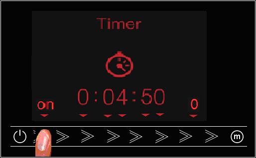Hình 35: Kích hoạt bộ hẹn giờ timer. Sau khi đã chọn một vùng nấu, để lựa chọn bộ hẹn giờ thì phím menu phải được nhấn, và màn hình hẹn giờ xuất hiện: h:mm:ss.