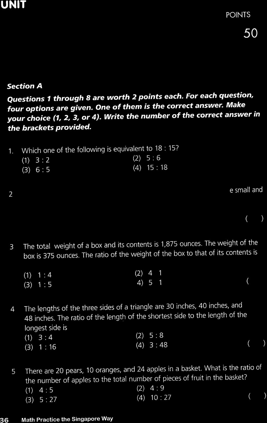UNIT Rotio POINTS 50 Section A Qr estron s 7 through 8 are worth 2 points each. For each question' four options "r" gir.r, one of them is the correct answer' Make your ino r. (1, 2, 3, or 4).