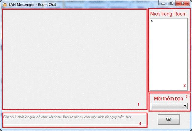 Tạo Room Chat Giao diện người dùng Menu Chức năng Phím tắt Mô tả Hiển thị nội dung Nội dung chat của cả phòng chat (1) chat chat Nick trong Room (2) Mời thêm bạn chat (3) Khung soạn thảo (4) Danh