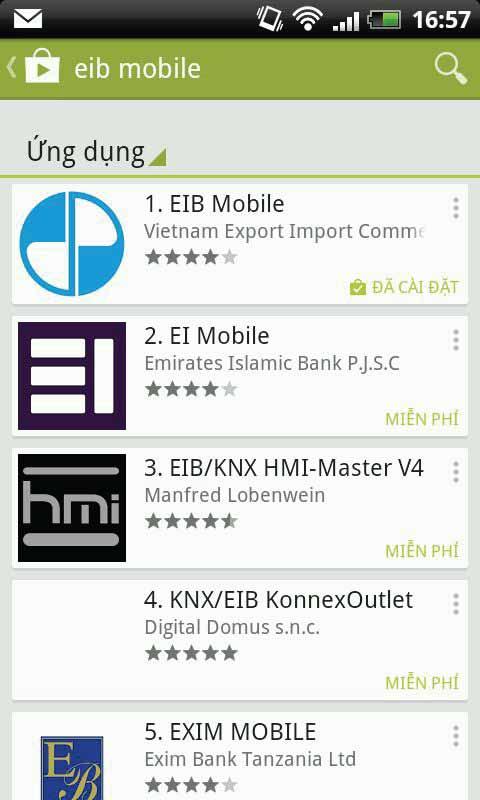 ứng dụng Bước 3: Click chọn ứng dụng EIB Mobile tiến hành cài đặt Bước 4: Nhập tài khoản itunes để hoàn tất cài đặt về máy 5.