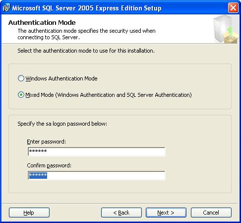 Cần chọn Mixed Mode (Windows Authentication and SQL Server Authentication), nhập thông tin vào Enter password và Confirm password Next